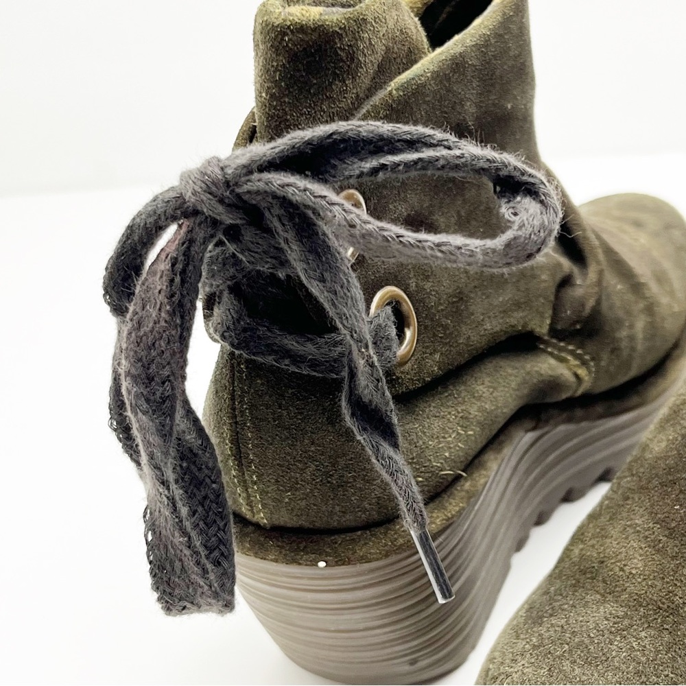 FLY LONDON Yama Olive Green Suede Back Lace Platform Wedge Ankle Booties 5.5/6 - Picture 7 of 11